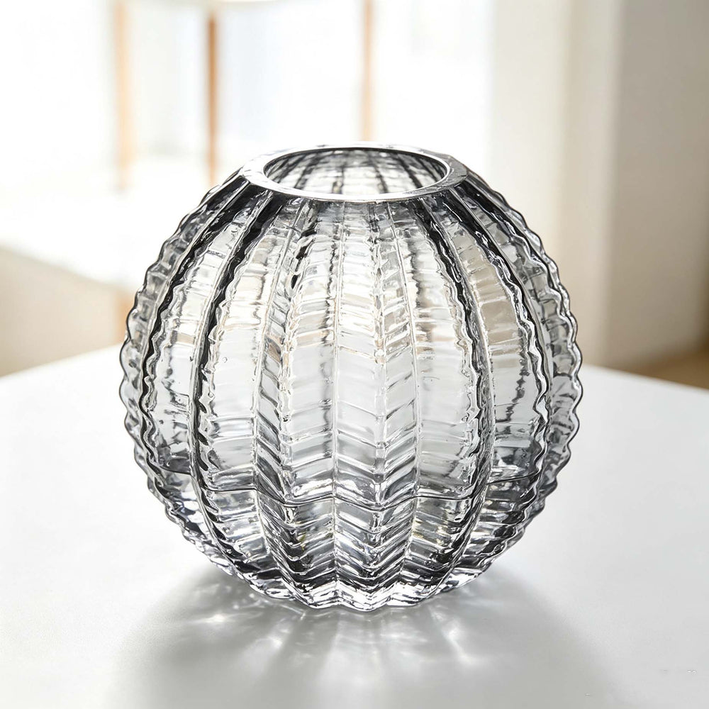 Round Ribbed Clear Glass Flower Vase