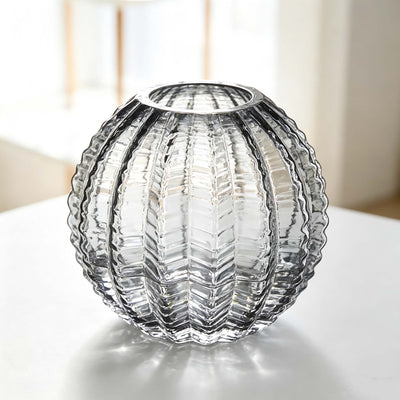 Round Ribbed Clear Glass Flower Vase